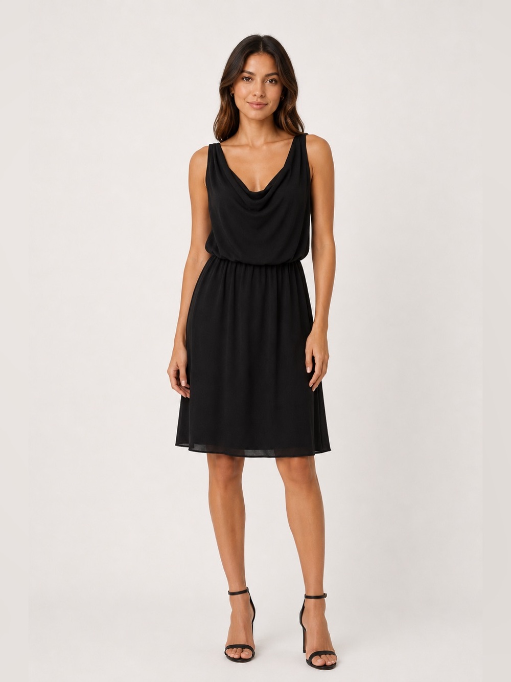 Black Minimalist Cowl Neck Midi Dress Draped Sleeveless Feminine Stretch Classic